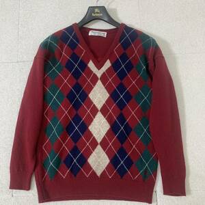 6565. BURBERRYS アーガイル Vネック ホースロゴ刺繍 長袖ニット バーバリー ウール セーター