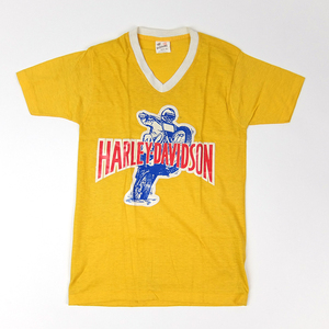 ハーレーダビッドソン USA製 BANTAMUS HARLEY DAVIDSON S ビンテージ Vネック Tシャツ Sオフ白×イエロー 70S