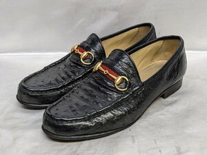 GUCCI グッチ オーストリッチビットローファー サイズ9D(約26cm程度) ブラック×ゴールド/黒×金 リボン MADE IN ITALY メンズ シューズ