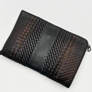 1円【極美品】BOTTEGA VENETA ボッテガヴェネタ メンズ インペラトーレ イントレチャート レザー クラッチバッグ セカンドバッグ 黒×茶