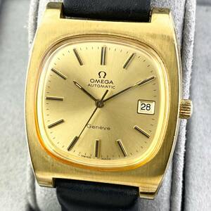 【1円〜】OMEGA オメガ 腕時計 メンズ AT 自動巻 Geneve ジュネーブ ゴールド文字盤 スクエア アンティーク 三針 デイト 可動品