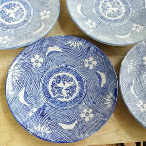 伊万里　印刷　松竹梅　陶器　皿　直径20cm　４枚　骨董　アンティーク