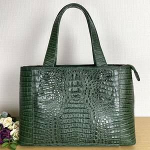 新品 定価20万 本物 クロコダイル使い crocodile クラウン 総革 高級 ショルダーバッグ 差し色 深緑 ( トートバッグ