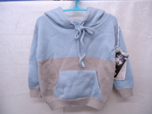 【KCM】sta-234★未使用品★【cashmere cause LONDON】ベビー　カシミヤニット フーディー　ライトブルー系　1才サイズ　スコットランド製