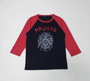 EDGE RUPERT // 7分袖 スパンコール プリント Tシャツ カットソー (黒×赤・切替) サイズ 3 (L)