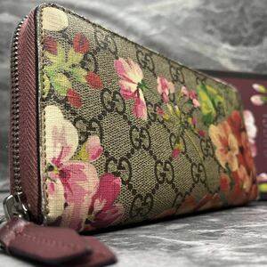 【極美品】 GUCCI グッチ レディース ビジネス 長財布 ラウンドファスナー レザー 本革 ブルームス 花柄 レッド系 赤 ジッピーウォレット