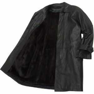 ◇MINK×LEATHER ミンクライナー付き レザーコート 毛皮×牛革 ブラック 比翼型 重厚感 メンズ 1円スタート