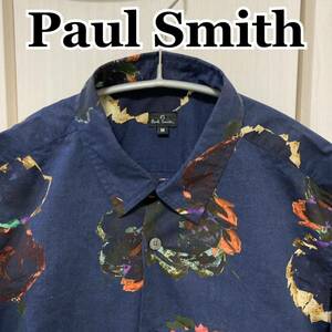 ポールスミス　PaulSmith 花柄シャツ　大判フラワープリント　ネイビー　長袖シャツ Mサイズ