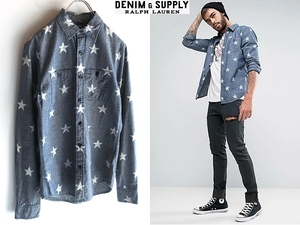 美品 ネコポス対応 Denim&Supply Ralph Lauren デニム&サプライ ラルフローレン 星柄/スター柄 シャンブレー ワークシャツ XS インディゴ