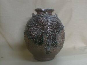 落款　古仙堂　激しい釉薬　飾り壷　21x16cm　1.9kg　陶器製置物