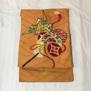 名古屋帯　絞り　オレンジ色　刺繍　折り鶴　正絹　アンティーク　女性和装