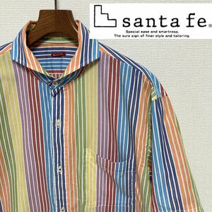 santa fe サンタフェ■レインボー ストライプ ワイドカラー シャツ 48 L 虹色 赤 ブルー オレンジ グリーン 半袖 日本製