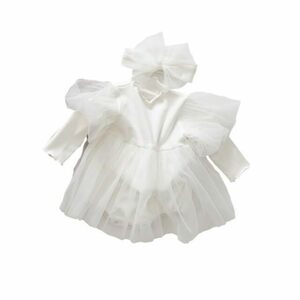 [Key Cuddly shop] (80, ホワイト) チュールドレス ヘアバンド セット ロンパース 白 ピンク かわいい 綿 新生児 ベビー