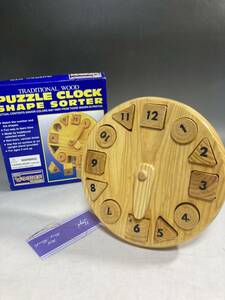 【2A25】PUZZLE CLOCK SHAPE SORTER WOODEN シェイプソーター 時計パズル 積み木 箱付 玩具 木のおもちゃ 知育玩具 木製パズル シルエット