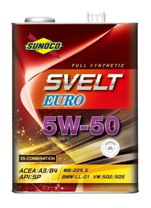 送料無料！ SUNOCO　SVELT EURO　スノコ　スヴェルト ユーロ　5W-50　A3/B4　SP　Full Synthetic（エステル配合） 4L缶ｘ4　エンジンオイル