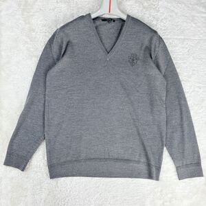 1円 極美品! XXL.3L~XL.LL 極上手触りグッチGUCCI 長袖ニットセーター刺繍ロゴVネックウール100%メンズグレー