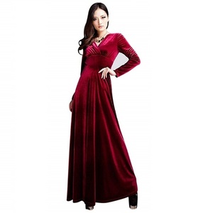 Vネック ベロア ハイウエスト ロング ドレス （赤 XL）マキシ丈 カシュクール ワンピース パーティー