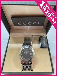 【6AI立03017E】★1円スタート★GUCCI★グッチ★5500M★稼働★クォーツ★メンズ★腕時計★デイト★黒文字盤★箱付★附属品有★ベルト純正★