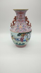 中国 瓷器 花瓶 壺 古物 色絵 時代物 花入 唐物 人物 耳あり 中国古美術