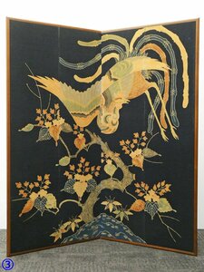 ♯3) 時代物 筒描き屏風 桐竹鳳凰 二曲一隻 高さ約142cm 筒描 藍染 古布 古裂 二曲屏風 二枚折衝立 吉祥文様 間仕切り 目隠し 民芸 民藝