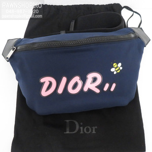 クリスチャンディオール Christian Dior×KAWS BEE カウズ ボディバッグ／ウエストバッグ コラボ ネイビー ピンク 良品 [質イコー]