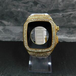 最高級CZダイヤ　Apple Watch カバー　44mm 45mm　ゴールデンコンセプト好きに　ステンレスケース　GOLD×CZダイヤ　ホワイト