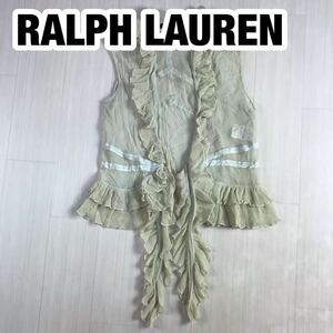 RALPH LAUREN ラルフローレン ノースリーブカーディガン 7 アイボリー系 シルク100% フリル シースルー リボンステッチ はおり
