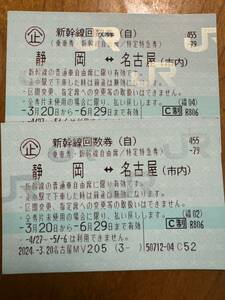 新幹線自由席回数券 静岡ー名古屋 ２枚