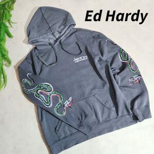 Ed Hardy 袖プリント・プルオーバー裏起毛パーカー・ダークグレー M 蛇 68311