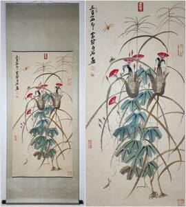 古美術 掛け軸 中国・近現代 斉白石書 「虫草花卉図」 紙本 立軸 書道 巻き物 真筆逸品 肉筆保証 唐物 古画 LT-11212