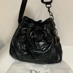 希少　Christian Dior ディオール　カナージュ　パテント　エナメル　ハンドバッグ　ブラック　Dチャーム