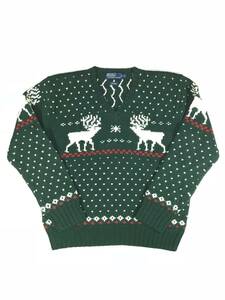 新品 13881 Lサイズ セーター polo ralph lauren ラルフ ローレン ポロ 雪柄 鹿 Vネック 緑 wool ウール