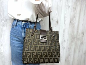 極美品 FENDI フェンディ ズッカ トートバッグ ショルダーバッグ バッグ ナイロンキャンバス×レザー 茶 70943Y