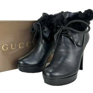 ☆希少☆ GUCCI 35.5/22.5CM ブーティー ファー シマレザー レディース グッチ 黒 ブラック ハイヒール インターロッキング エンボス