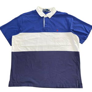 90s Polo Ralph Lauren ポロシャツ XL ボーダー ブルー ポニー ロゴ 刺繍 半袖 ラグビー ラガーシャツ ポロ ラルフローレン