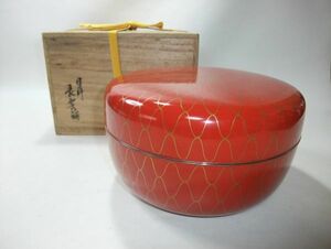 ■天然木 本漆器 塗師 表雲作 朱塗網目 網目喰籠 未使用 共箱■