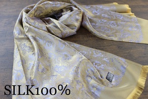 新品 薄手【シルク100% SILK】ペイズリー花柄 ゴールド×シルバー 金×銀 GOLD×SILVER 大判 ストール/スカーフ