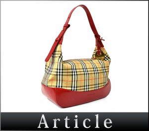 175801◆ BURBERRY burberrys バーバリー チェック柄 ショルダーバッグ キャンバス レザー 革 ベージュ レッド レディース/ B