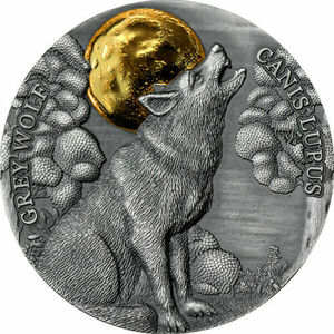 【送料無料】ガーナ 2021年 月下の野生動物 グレイウルフ 狼 1/2オンス 銀貨 アンティーク調 コイン 硬貨 未使用 未開封 証明書