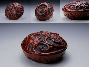 時代漆器 堆朱 華流水図 香合 茶道具 中国美術中国古玩