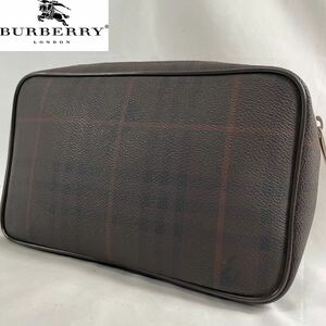 1円〜 【未使用級！】 バーバリー BURBERRYメンズ ビジネス クラッチバッグ セカンドバッグ シャドーチェック ホースロゴ PVC レザー 革