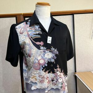 和花観ー着物留袖素材リメイクですアロハシャツ、花柄、帯紐、留袖、アンティーク！
