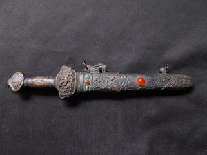 年代物 チベット モンゴル 短剣 鉄製刀身 宝剣 全長32cm 刃長14.cm 密教 法具 護身具 ナイフ 