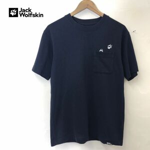 A291-W◆Jack Wolfskin ジャックウルフスキン 半袖カットソー Tシャツ 胸ポケット 肉球 刺繍 アウトドア◆size:S ネイビー系 コットン 他