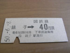 総武本線　銚子→国鉄線40円区間　昭和50年6月8日　銚子駅発行　国鉄