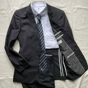 希少XL【紳士の風格】ORIHICA スーツ セットアップ シングル COOL&RELAX グレー ストライプ 2B 背抜き 裏地 光沢感 メンズ 1円