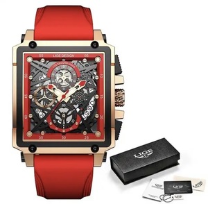LIGE メンズ 腕時計 高品質 ファッショナブル スクエア デザイン クロノグラフ クォーツ ウォッチ シリコンストラップ ゴールド × レッド