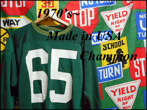 ★希少なエルボーパッチ付きの1枚★Made in USA製アメリカ製ChampionチャンピオンビンテージナンバリングフットボールTシャツ70sバータグ緑