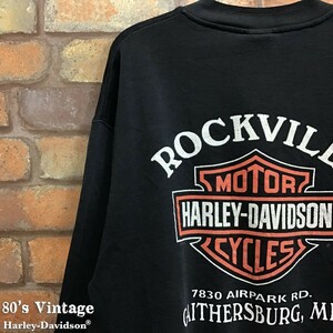 ★80’s vintage★正規品★【Harley-Davidson】バー＆シールド特大プリント ヘンリーネック スウェットシャツ[メンズ L]黒 バイカー K2-896