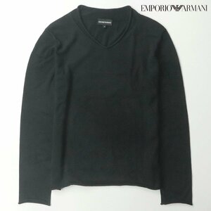 美品 ジョルジオ アルマーニ EMPORIO ARMANI カシミヤ混 高級コットンニット カットオフ Vネック ニットセーター 黒 48【参考価格￥77,000-